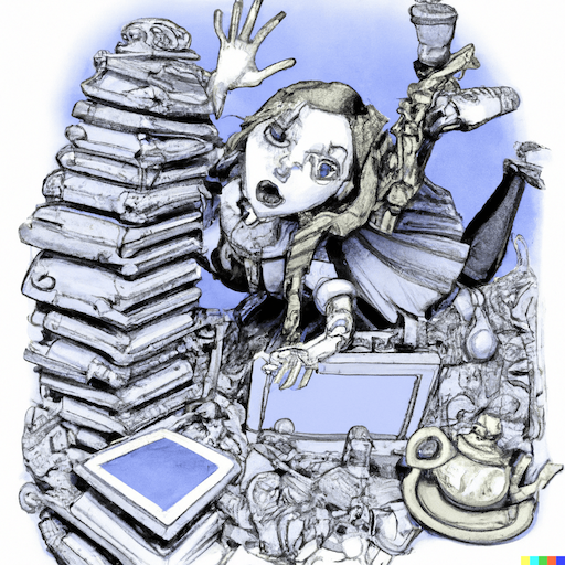 Alice in wonderland, in the style of victorian cartoons, falling down a rabbit hole onto a pile of computers, generated by DALLE 2