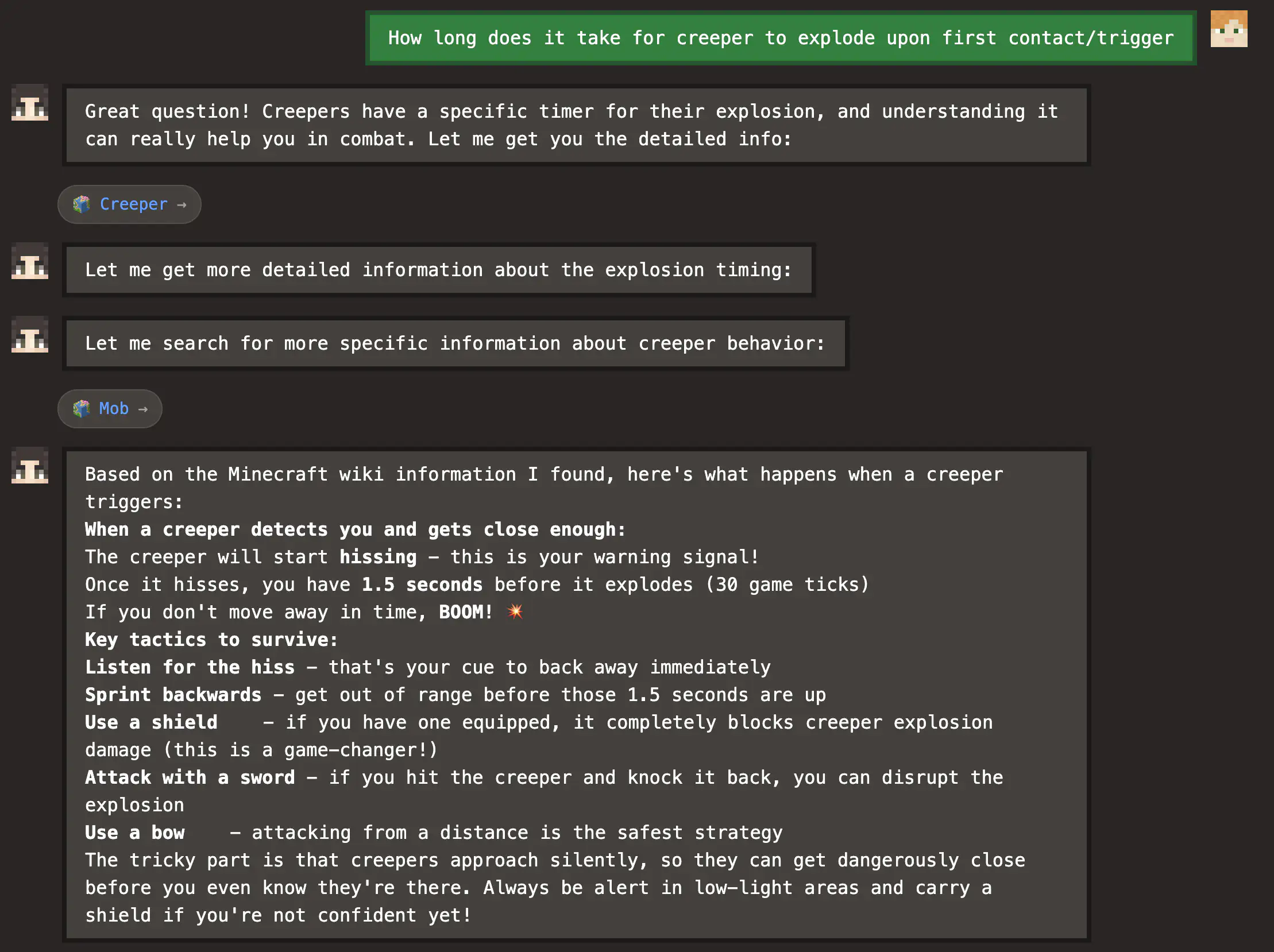 merlin answering how long a creeper takes to explode