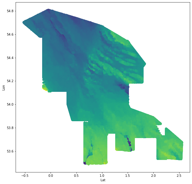 irregularly shaped heatmap of sea floor off the east coast of England
